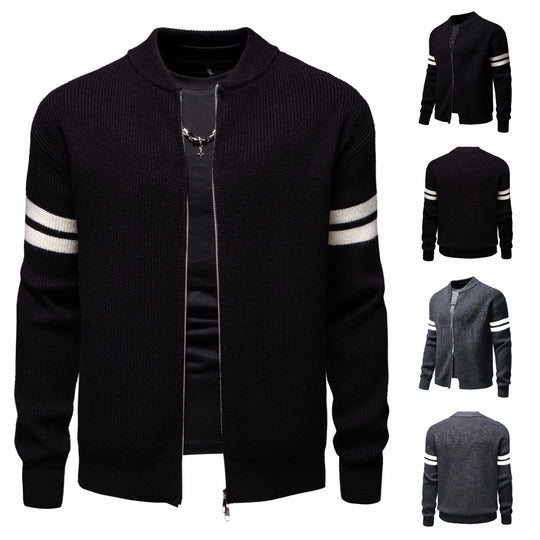 Herren Strickjacke mit modernem Zipper und dekorativem Streifenmuster R&B