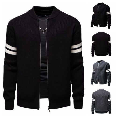 Herren Strickjacke mit modernem Zipper und dekorativem Streifenmuster R&B