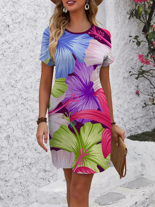 Damen lässiges T-Shirt Kleid mit buntem Blumenmuster und bequemem Schnitt R&B