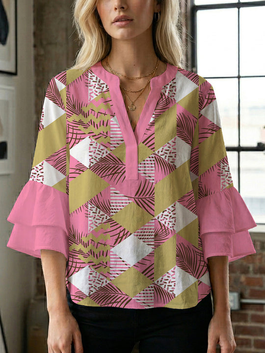Damen Bluse mit voluminösen Flügelärmel und intensivem Blattmuster R&B