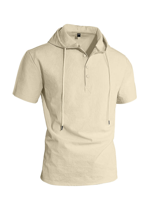 Herren nan kurzärmeliges Kapuzen-Henley aus Slub-Baumwolle mit verdeckter Knopfleiste und Kordelzug R&B