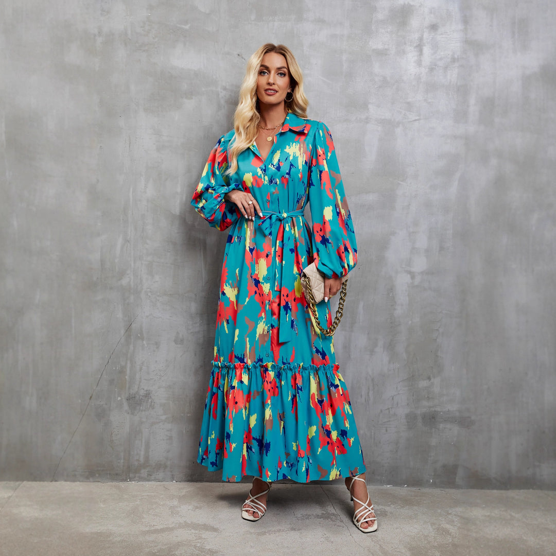 Damen Maxikleid mit farbenfrohem Floral-Design und elegantem Taillengürtel R&B
