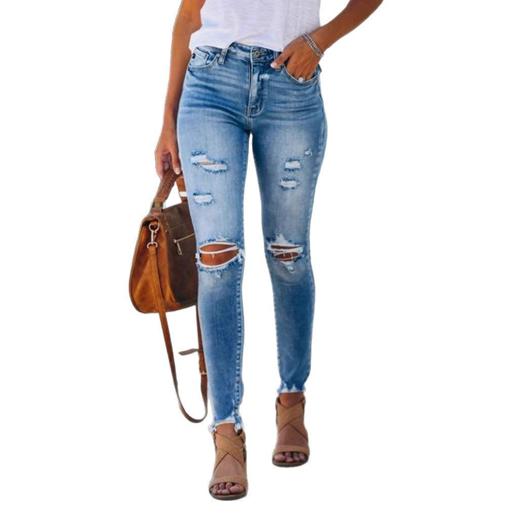 Damen Skinny Jeans mit modischen Rissen und hoher Taille R&B
