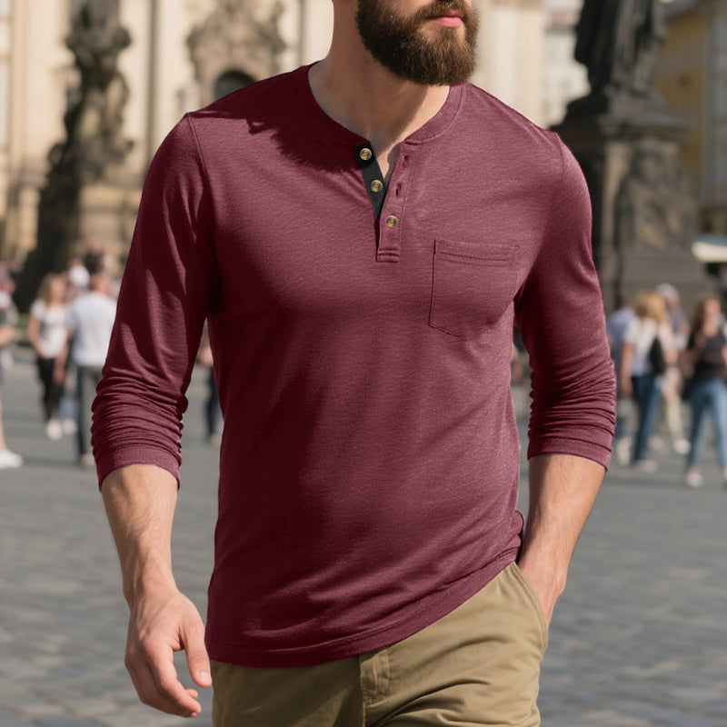 Herren Langarm-Henley-Shirt aus weichem Baumwollmix mit praktischer Brusttasche R&B
