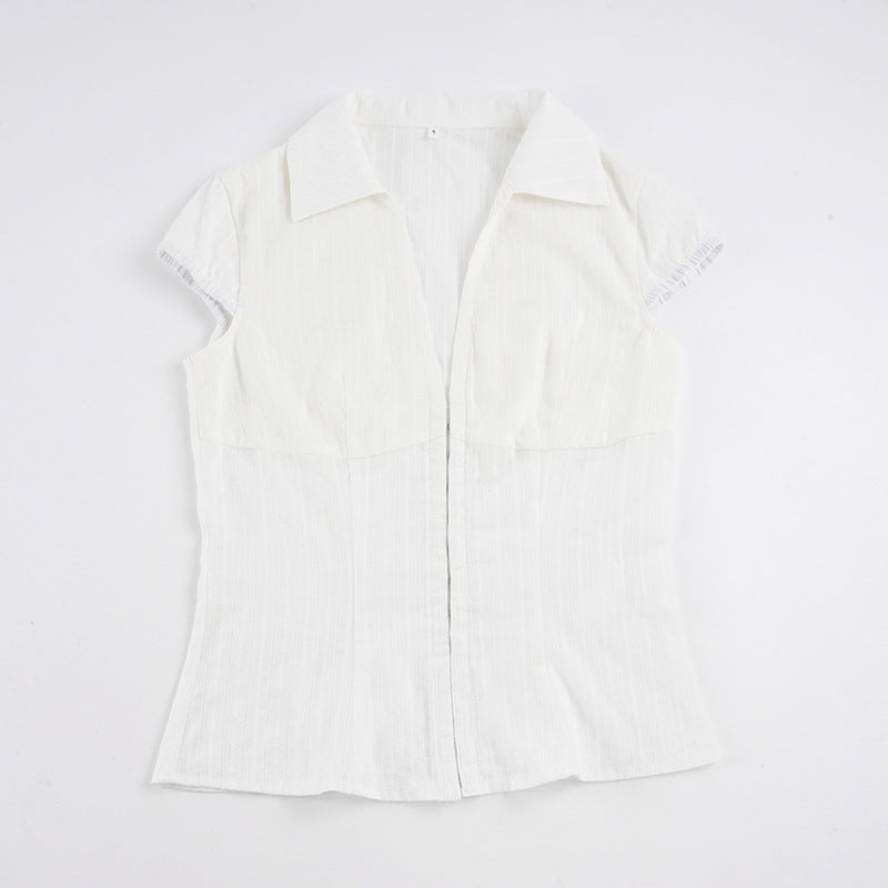 Damen Elegantes kurzärmliges Blusenshirt mit schickem Stehkragen und Reißverschluss R&B