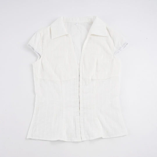 Damen Elegantes kurzärmliges Blusenshirt mit schickem Stehkragen und Reißverschluss R&B