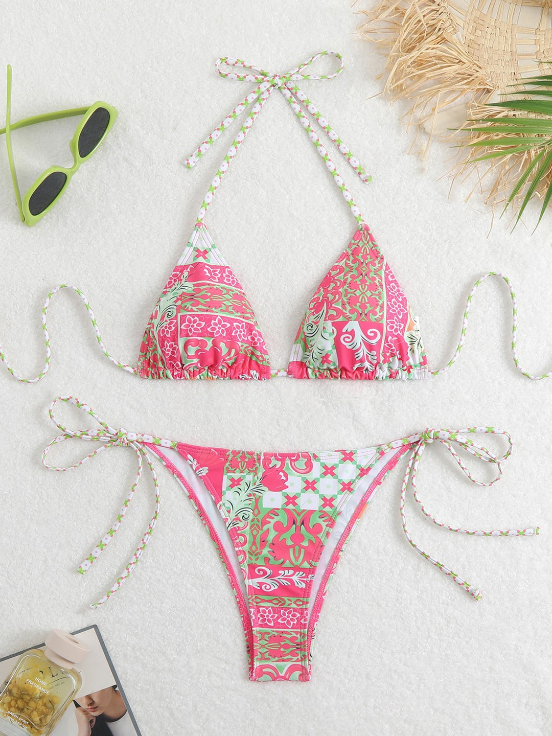 Damen Triangel-Bikini-Set mit verspieltem Blumenmuster und feinen Bindebändern R&B