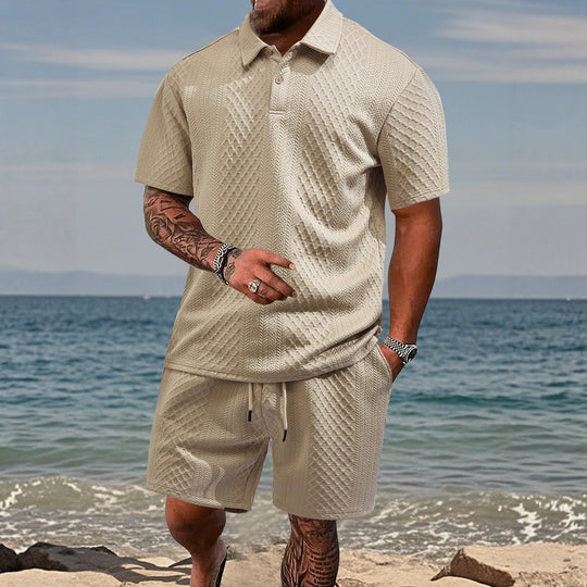Herren nan texturiertes Jacquard-Poloshirt kurzärmelig schmaler Schnitt mit Polokragen R&B