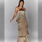 Damen Glamouröses Maxikleid mit Fransen und schulterfreiem Design