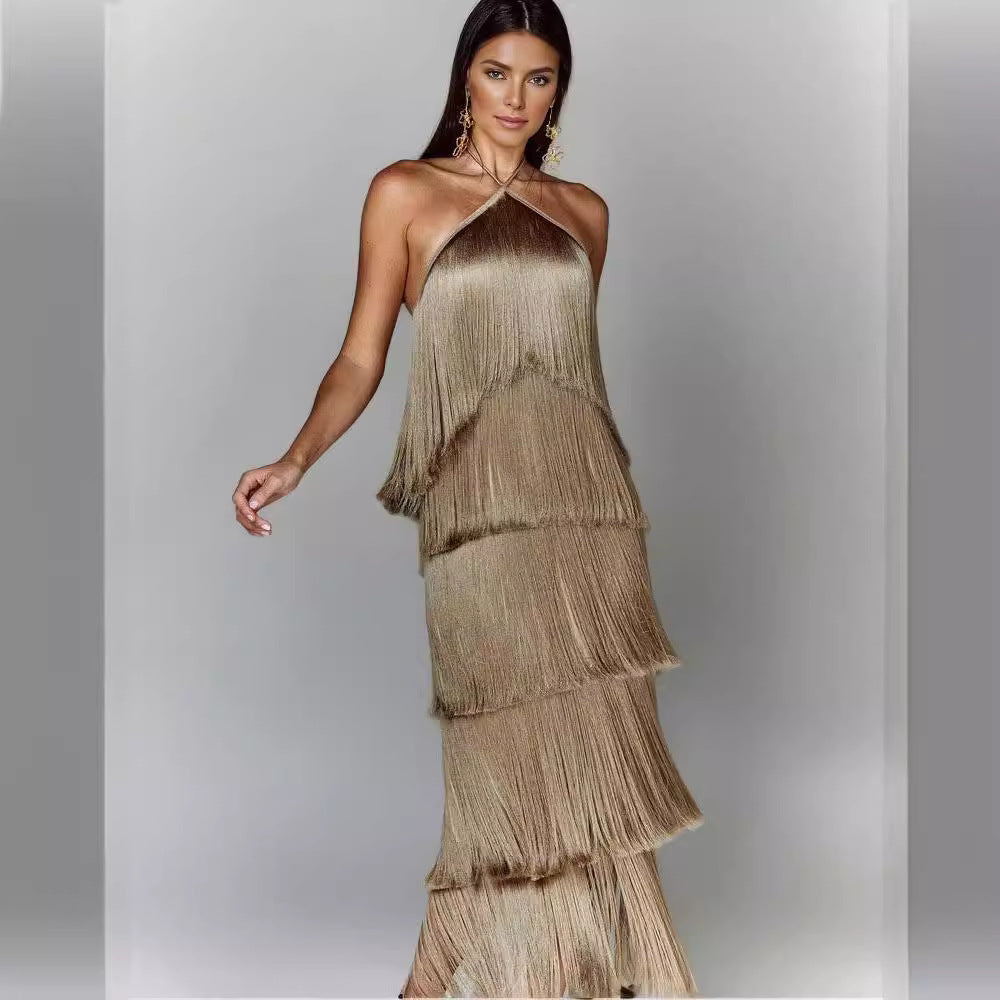Damen Glamouröses Maxikleid mit Fransen und schulterfreiem Design