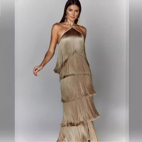 Damen Glamouröses Maxikleid mit Fransen und schulterfreiem Design R&B