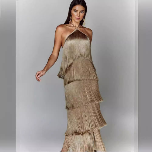 Damen Glamouröses Maxikleid mit Fransen und schulterfreiem Design R&B
