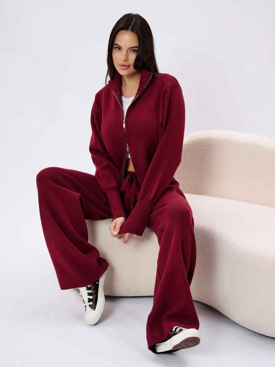 Damen nan gestricktes Loungewear-Zweiteiler mit kurzem Reißverschluss-Cardigan und weitem Highwaist-Hosenbein R&B