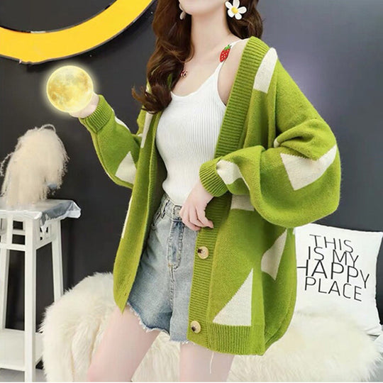 Damen lässige Strickjacke mit großflächigem Muster und praktischen Knopfdetails R&B
