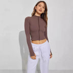 Damen Cropped Zip-Langarmshirt mit hohem Kragen R&B