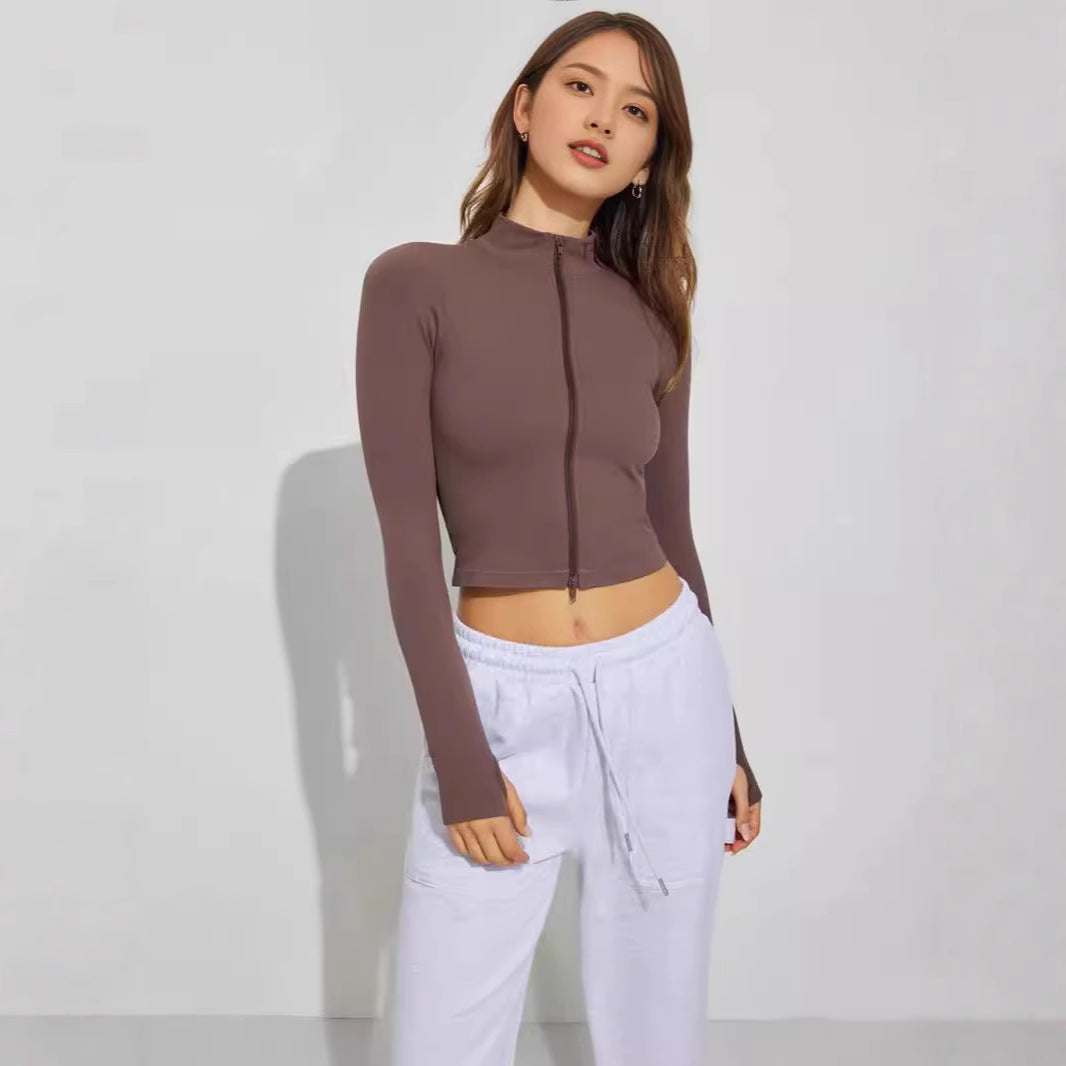 Damen Cropped Zip-Langarmshirt mit hohem Kragen R&B