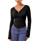Damen nan tailliertes Langarmshirt mit gerafftem Schlitz-Ausschnitt und spitzem Zipfelsaum R&B