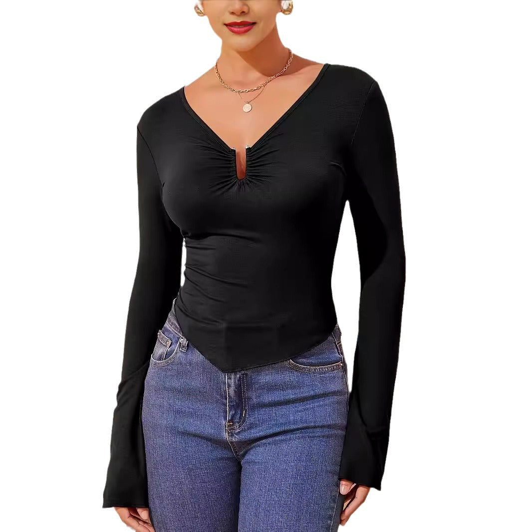 Damen nan tailliertes Langarmshirt mit gerafftem Schlitz-Ausschnitt und spitzem Zipfelsaum R&B