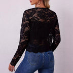 Damen nan kurz geschnittene transparente Spitzenbolerojacke mit floraler Spitze und Hakenverschluss R&B