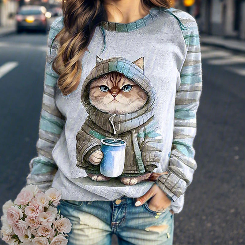 Damen nan lässiges Sweatshirt mit großem Kätzchen-Frontprint und gestreiften Raglanärmeln R&B