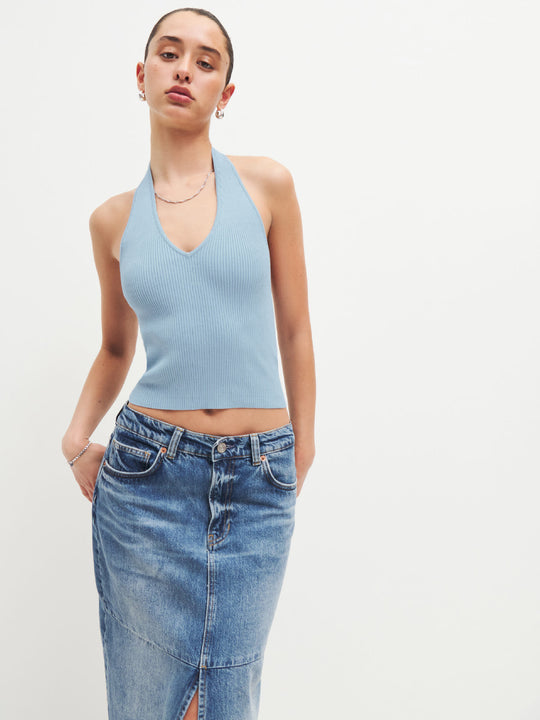 Damen figurbetontes Haltertop mit tiefem V-Ausschnitt und Rippstruktur R&B