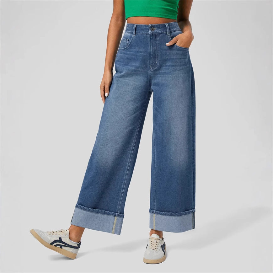 Damen Weit geschnittene Jeans mit hohem Bund und umgeschlagenem Saum R&B