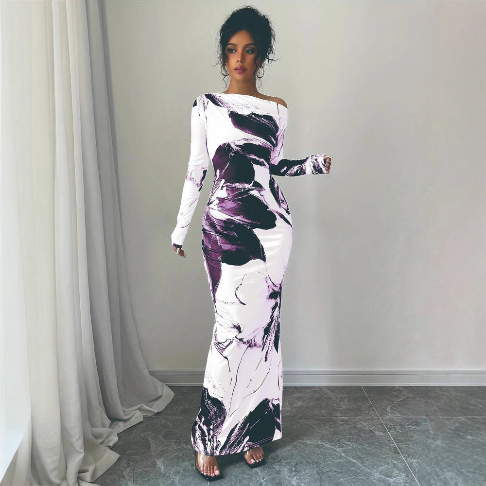 Damen Elegantes Maxikleid mit asymmetrischem Design und modernem Druck R&B