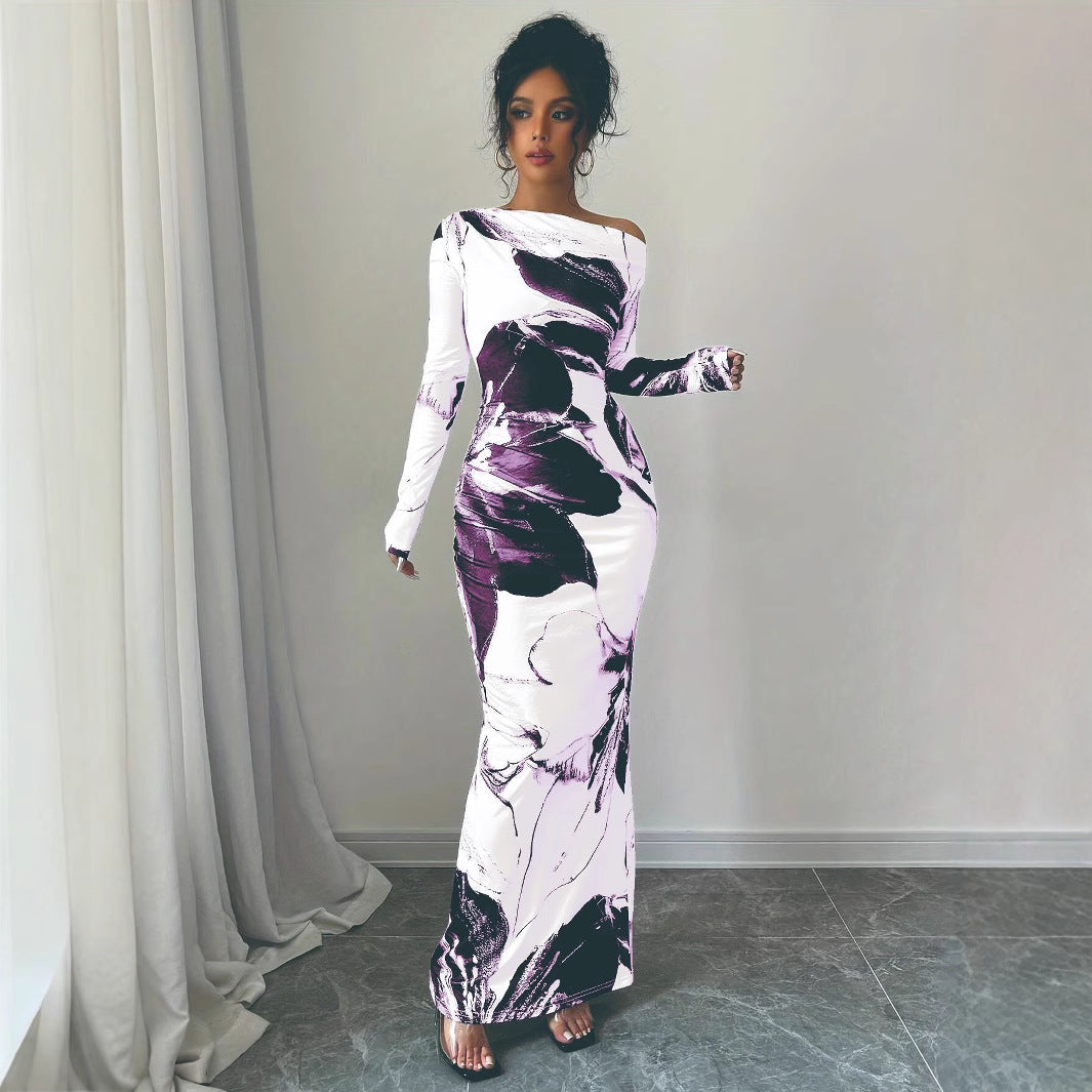Damen Elegantes Maxikleid mit asymmetrischem Design und modernem Druck R&B