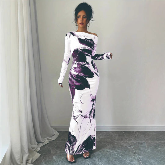 Damen Elegantes Maxikleid mit asymmetrischem Design und modernem Druck R&B