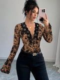 Damen nan eng anliegende transparente Mesh-Spitzenbluse mit tiefem V-Ausschnitt und floraler Veloursstruktur R&B