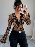 Damen nan eng anliegende transparente Mesh-Spitzenbluse mit tiefem V-Ausschnitt und floraler Veloursstruktur R&B