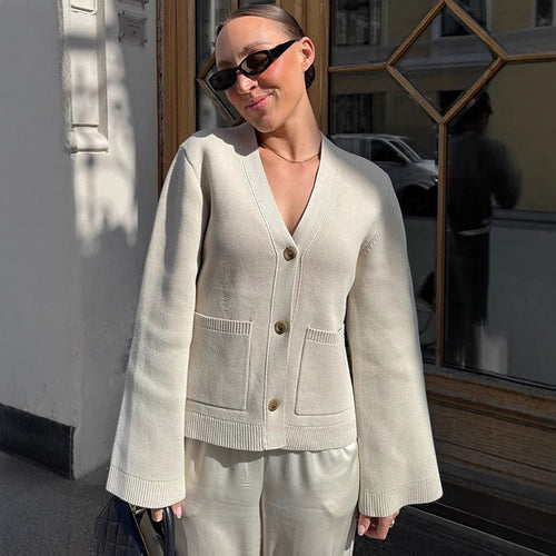 Damen lässige Strickjacke mit weitgeschnittenen Ärmeln und Knopfdetail R&B