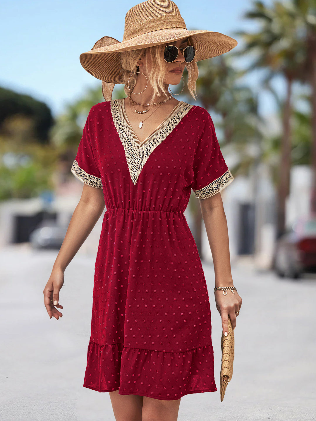 Damen Freizeitkleid mit V-Ausschnitt und Spitzenakzenten R&B