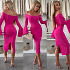 Damen Figurbetontes Wickelkleid mit schulterfreiem Design und weit geschnittenen Ärmeln R&B
