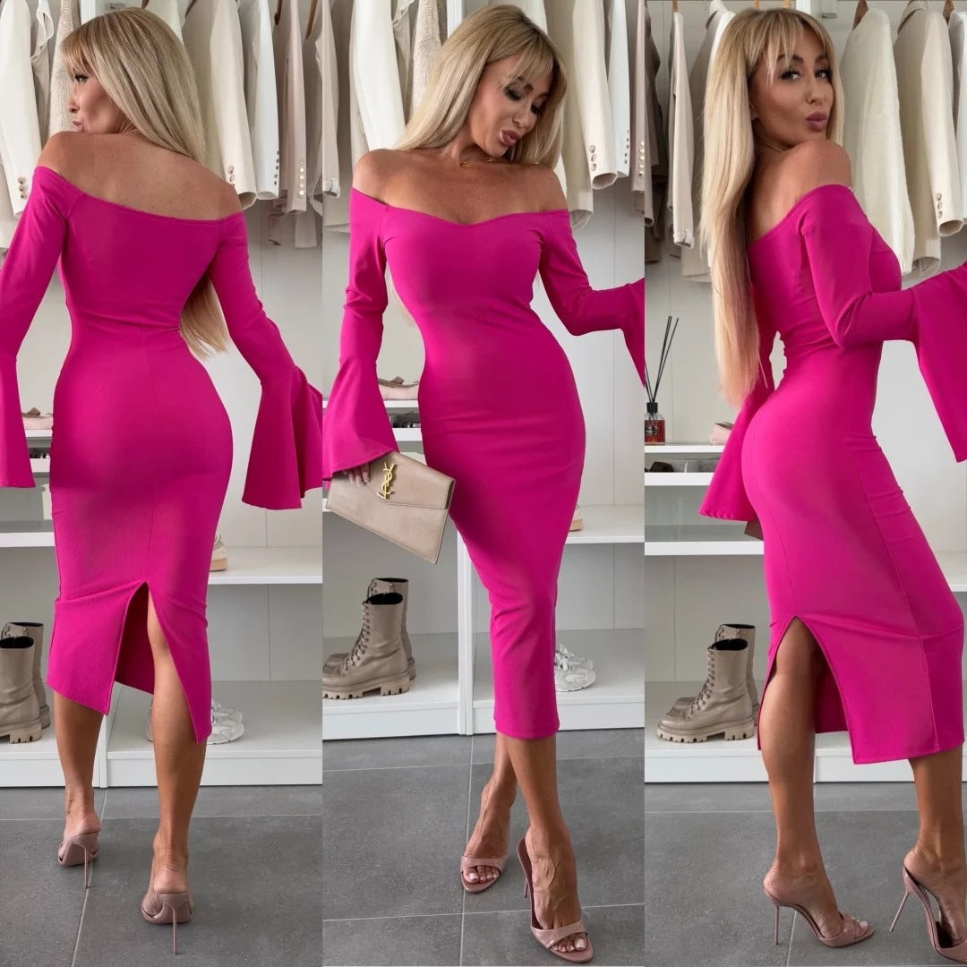 Damen Figurbetontes Wickelkleid mit schulterfreiem Design und weit geschnittenen Ärmeln R&B