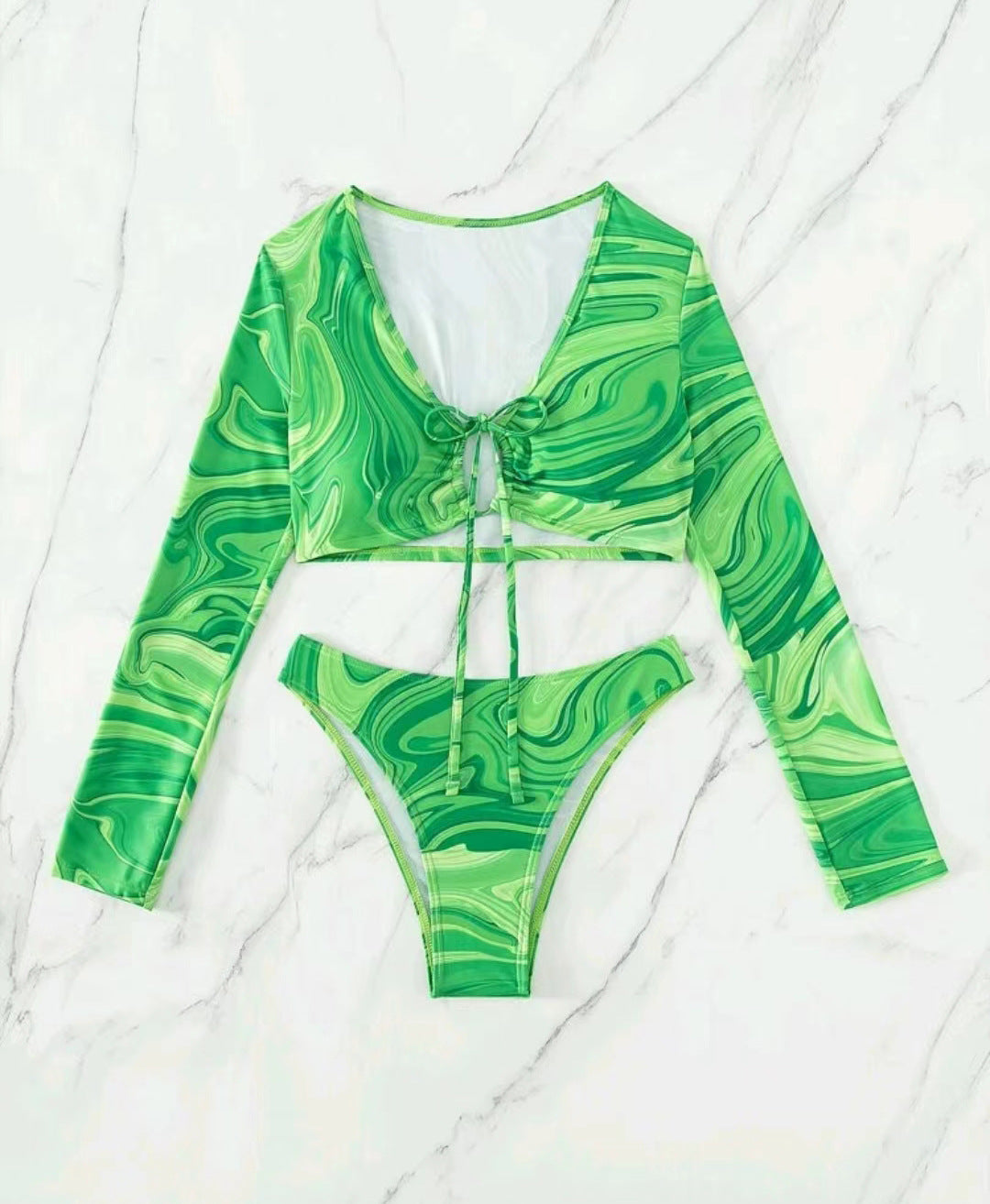Damen Surf-Bikini-Set mit langärmligem Crop-Top und hochgeschnittenen Unterteilen R&B