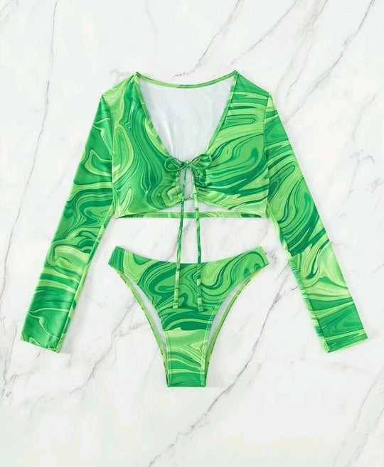 Damen Surf-Bikini-Set mit langärmligem Crop-Top und hochgeschnittenen Unterteilen R&B