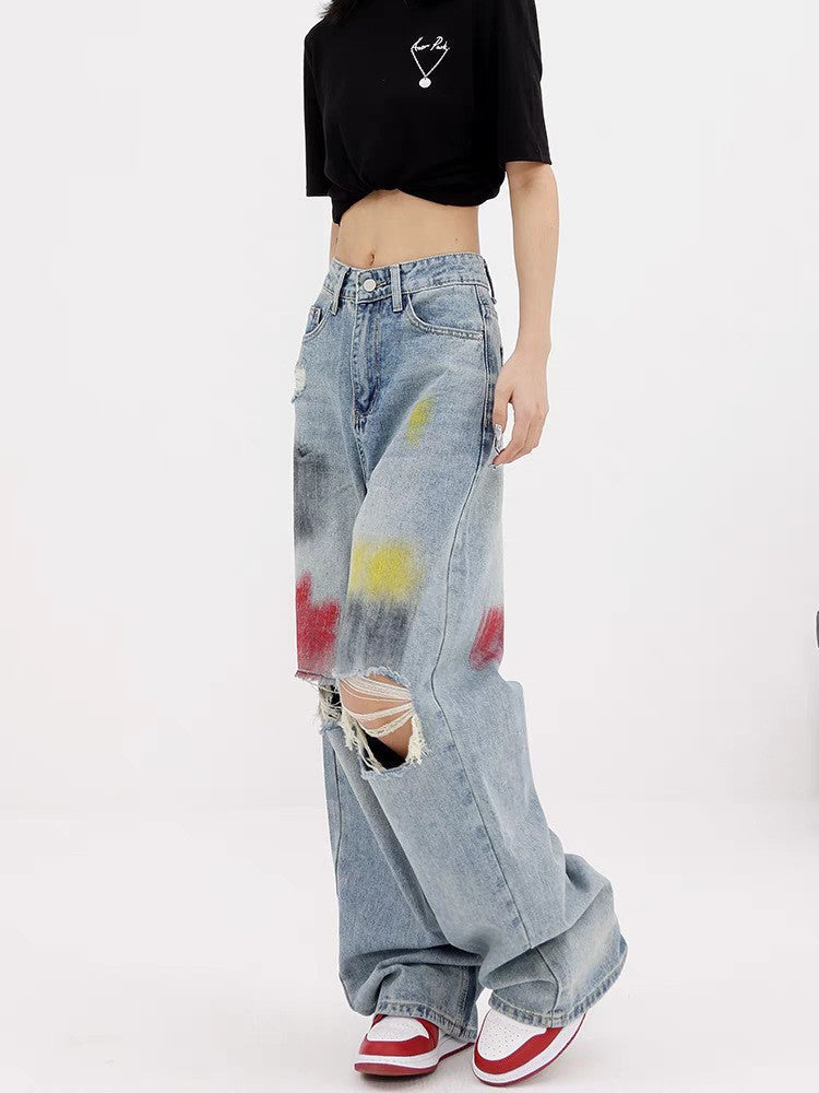 Damen Weite Destroyed Jeans mit bunter Akzentuierung und modischen Rissen R&B