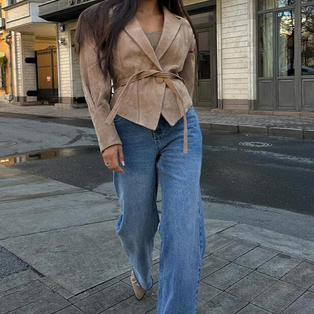 Damen Modische Wildlederjacke mit drapiertem Design und Taillengürtel R&B