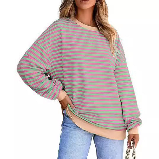 Damen Lässiger Sweater mit Breiten Streifen R&B