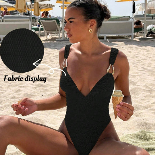 Damen Einteiler Badeanzug mit elegantem V-Ausschnitt und dekorativen Trägern R&B
