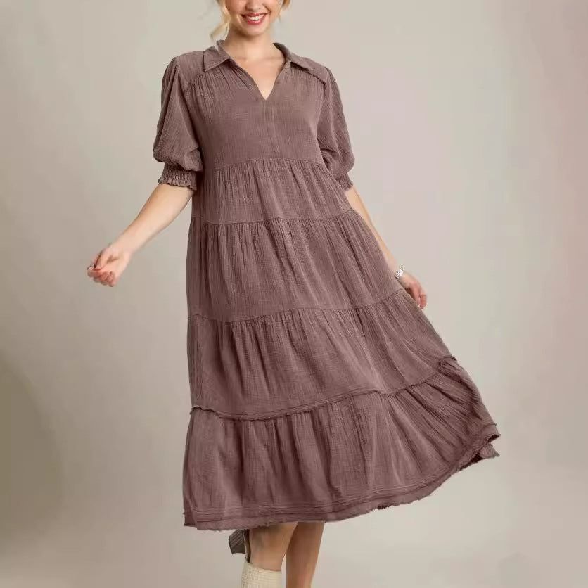Damen lässiges Maxikleid mit V-Ausschnitt und volumetrischen Ärmeln R&B