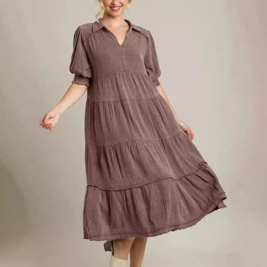 Damen lässiges Maxikleid mit V-Ausschnitt und volumetrischen Ärmeln R&B