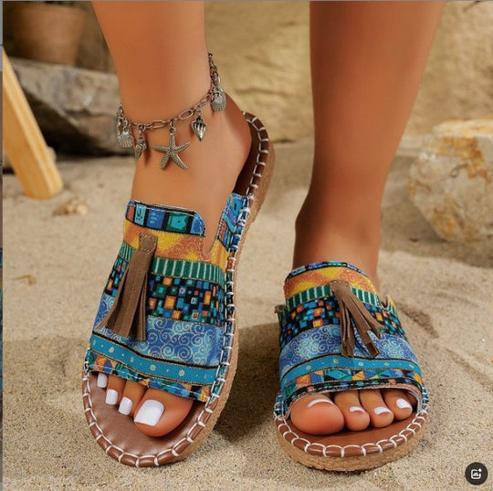 Damen bequeme Tangle-Sandalen mit buntem Stickdesign und Quasten R&B