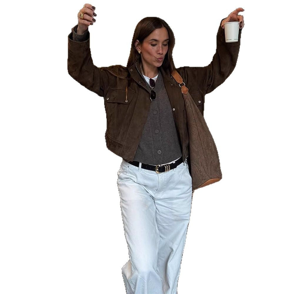 Damen lässige Suede-Jacke mit funktionalen Taschen und modernem Design R&B