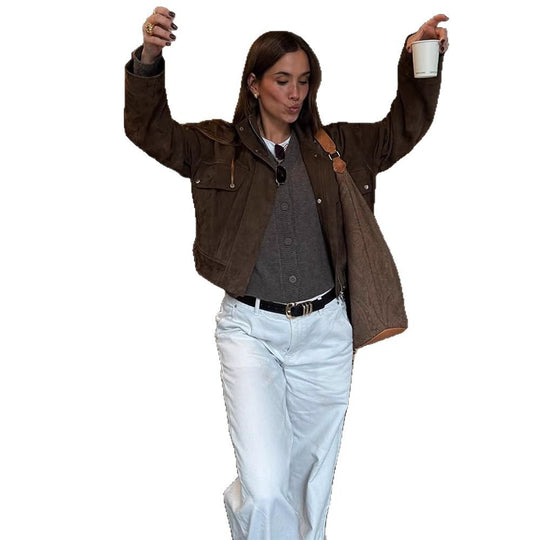 Damen lässige Suede-Jacke mit funktionalen Taschen und modernem Design R&B