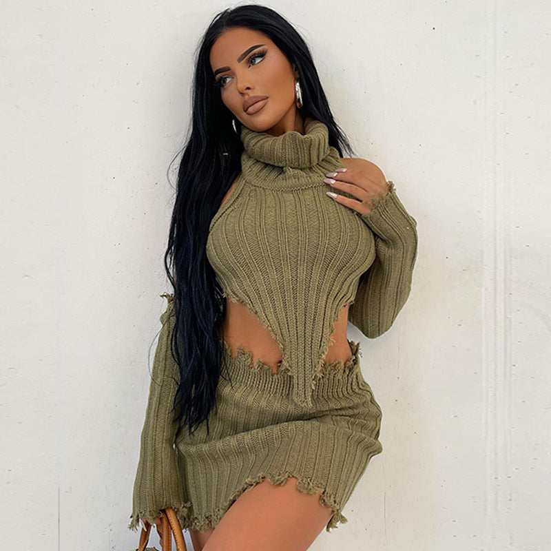 Damen Stylisches Strick-Set mit asymmetrischem Saum und langen Ärmeln R&B