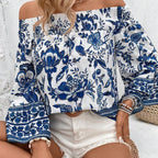 Damen Off-Shoulder Bluse mit floralen Mustern und elastischem Bündchen R&B