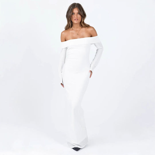 Damen Off-Shoulder Maxikleid mit langen Ärmeln und figurbetontem Schnitt R&B