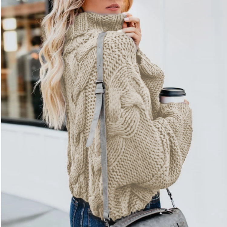 Damen Grobstrickpullover mit hohem Kragen und Zopfmuster R&B